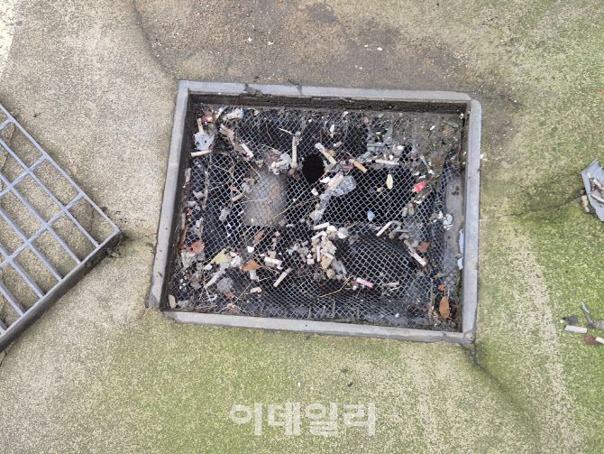 지난 21일 오전 서울 관악구 신림 일대 한 하수구 거름망 위에 담배꽁초와 쓰레기들이 버려져 있다. (사진=정윤지 기자)