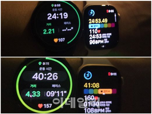 가볍게 걷기와 뛰기를 했을 때 갤럭시워치7(좌)과 애플워치10(우) 비교(사진=윤정훈 기자)