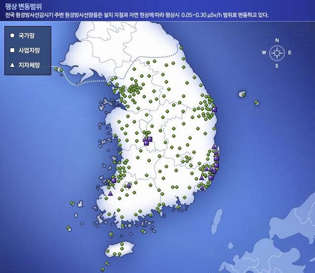 1일 오후 3시 기준 국가환경방사선자동감시망. (사진=국가환경방사선자동감시망 홈페이지)