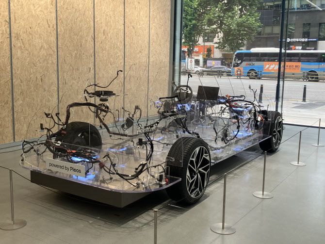 현대차·기아 ‘UX 스튜디오 서울’의 SDV 존에 설치된 현대차그룹 E&E(전기·전자) 아키텍처 (사진=정병묵 기자)