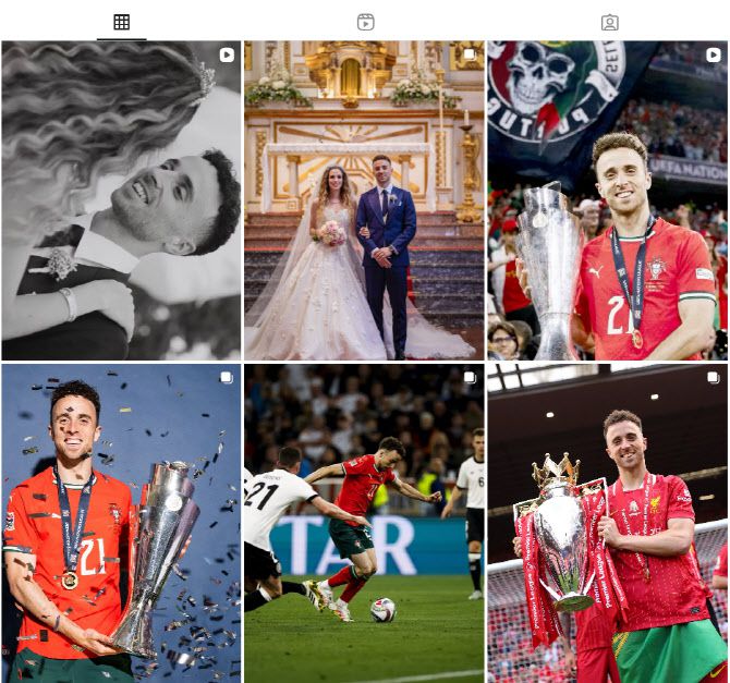 디오구 조타의 SNS 최근 게시물. 결혼식과 우승 순간을 기념하는 사진들이 있다. 사진=디오구 조타 SNS