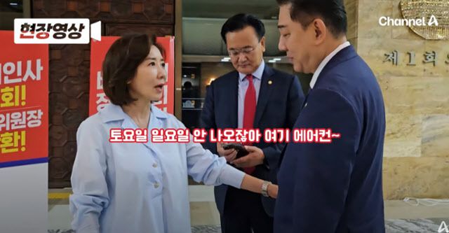 지난 1일 나경원 국민의힘 의원(왼쪽)이 김병기 더불어민주당 원내대표에 "주말에는 국회에 에어컨도 틀어지지 않는다"고 항변했다.(사진=채널A 유튜브 캡처)