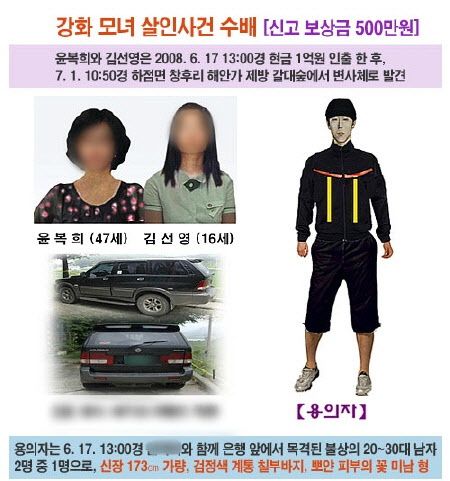 2008년 인천 경찰서에서 배포한 '강화도 모녀 피살 사건' 용의자 수배 전단지.