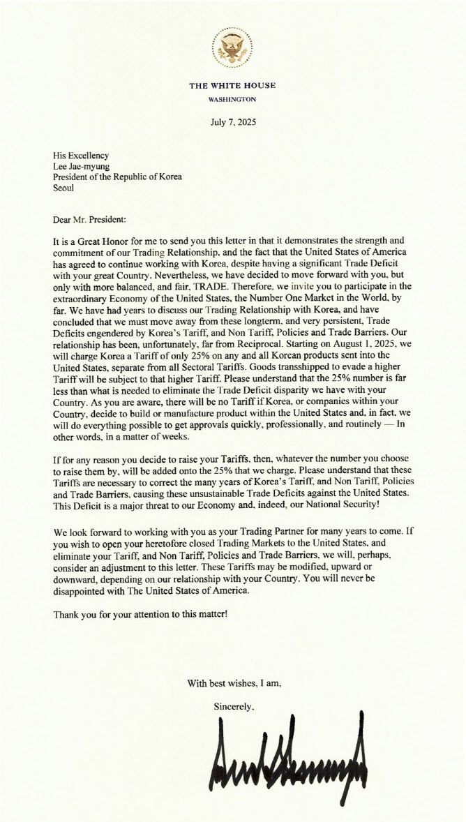 도널드 트럼프 미국 대통령이 소셜 네트워크 트루스소셜 본인 계정을 통해 공개한 이재명 대통령에 대한 서한. (이미지=트루스소셜)