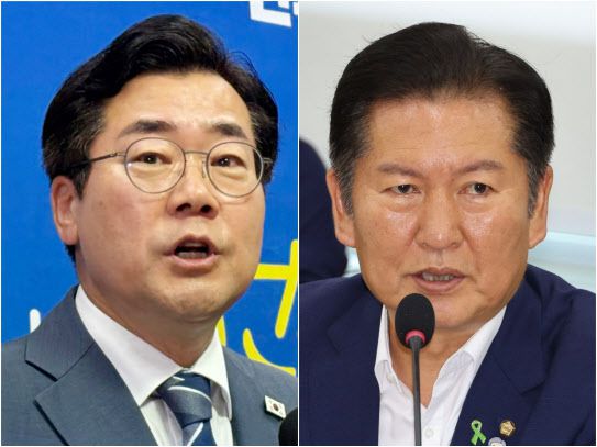 더불어민주당 당대표를 두고 경쟁을 벌이고 있는 박찬대·정청래 의원. 1965년생 동갑내기인 두 의원은 나란히 강성 친명으로 분류되며, 이재명 1기 민주당 지도부에서 함께 최고위원을 지냈다. (사진=연합뉴스)