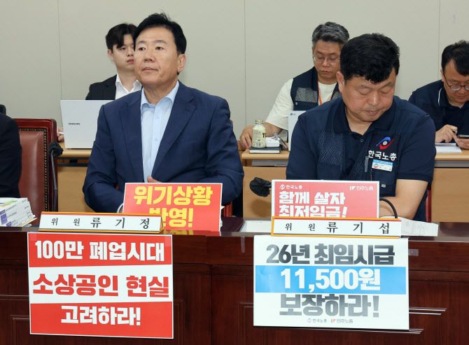 최저임금위원회 사용자위원인 류기정 한국경영자총협회 전무(왼쪽)와 근로자위원인 류기섭 한국노총 사무총장이 8일 정부세종청사에서 열린 최저임금위원회 제10차 전원회의에서 나란히 자리하고 있다.(사진=연합뉴스)