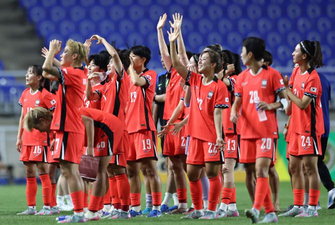 9일 수원월드컵경기장에서 열린 2025 동아시아축구연맹(EAFF) E-1 챔피언십(동아시안컵) 여자부 대한민국 대 중국 경기. 2 대 2 무승부로 경기를 끝낸 대한민국 선수들이 관중을 향해 손을 흔들고 있다. 사진=연합뉴스