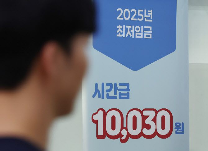 11일 서울 마포구 서부고용복지플러스센터에 2025년 최저임금 안내판이 놓여 있다. (사진=연합뉴스)