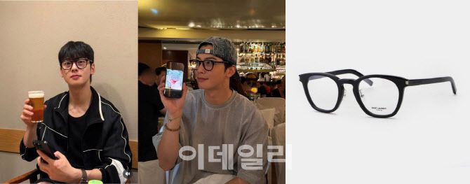 차은우가 생로랑 안경을 착용한 모습, 생 로랑 SL28 제품 이미지 (사진=차은우 인스타그램 계정 캡처, 무신사 생로랑 제품 이미지 캡처)