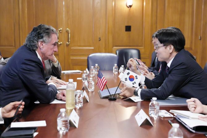 김정관 산업통상자원부 장관(오른쪽)이 24일(현지시간) 미국 워싱턴 D.C. 백악관에서 더그 버검(Doug Burgum) 국가에너지위원회 위원장(왼쪽)과 만나 한미 양국 에너지 분야 협력 강화방안을 논의하고 있다. (사진=산업부)