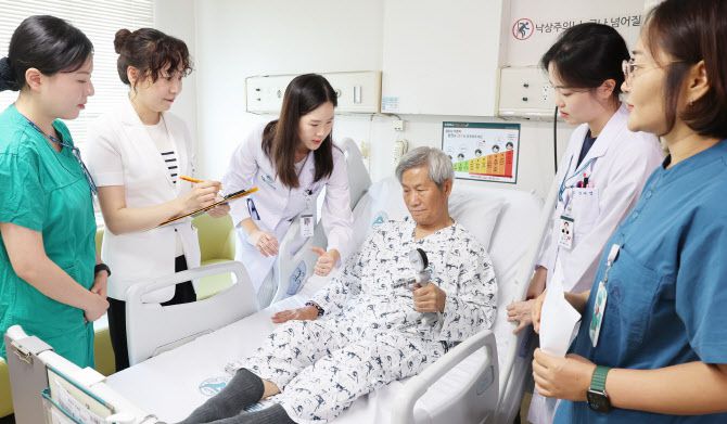 서울아산병원이 중증 노년 환자 통합 진료 시스템 ‘위드원(WithONE)’을 운영 중이다. 백지연 서울아산병원 노년내과 교수(왼쪽에서 세 번째)와 의료진이 고위험군 환자 선별을 위한 임상 허약 척도 검사(CFS)를 진행하며 중증 노년 환자의 근력을 측정하고 있다.