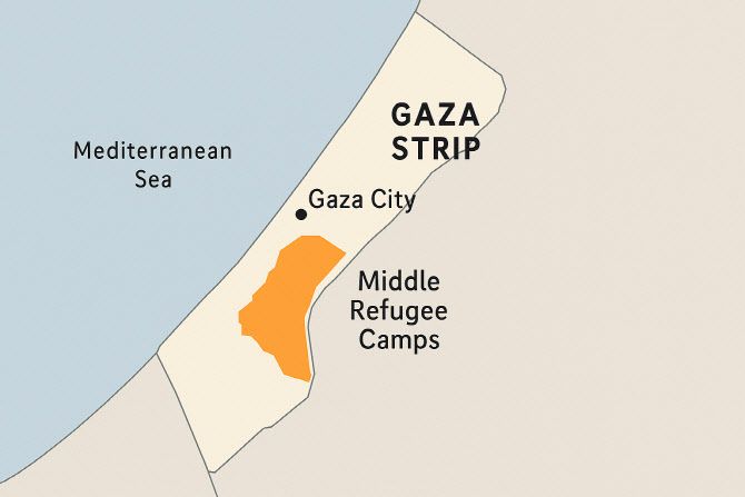 가자지구와 베냐민 네타냐후 이스라엘 총리가 전쟁 목표로 제시한 가자시와 중부 난민캠프(그래픽=챗GPT)