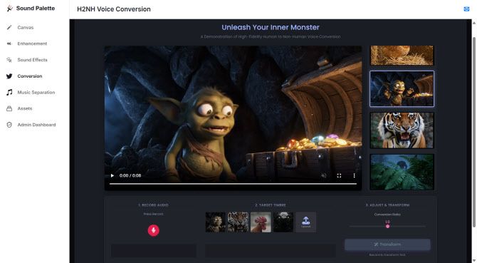 인터스피치 포스터 및 몬스터사운드 기술이 반영된 사운드 팔레트 화면.