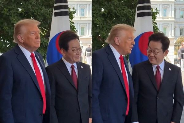 이재명 대통령에 고함을 치는 사람들을 보고 "우리는 저런 사람들을 가짜뉴스라고 부른다(We call them the fake news)고 속삭이는 트럼프 미 대통령. (사진=WION 페이스북 영상 갈무리.)