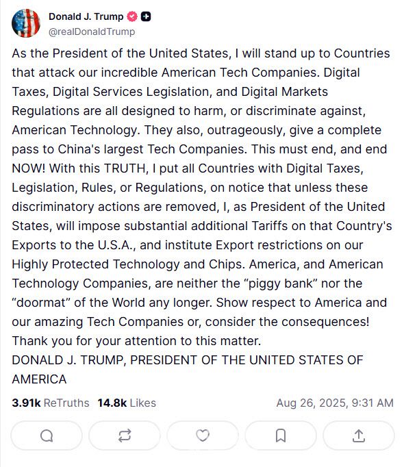 도널드 트럼프 미국 대통령이 디지털 무역장벽을 언급한 트루스소셜 게시글(사진=트루스소셜 갈무리)