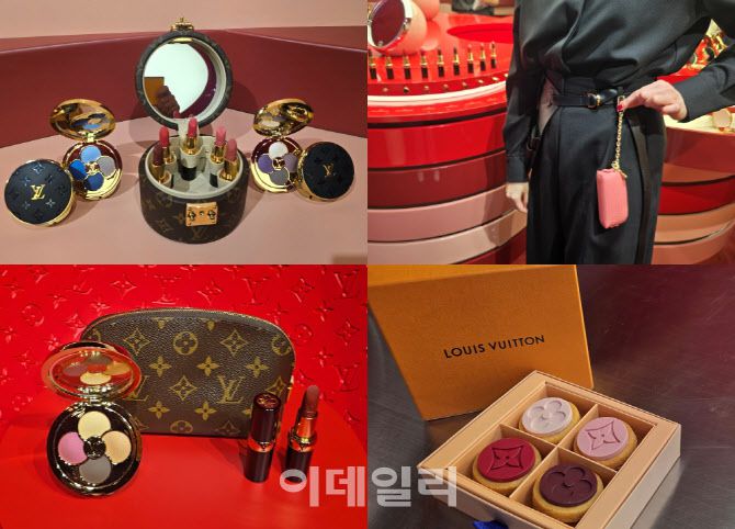 루이비통 뷰티 제품들과 파우치와 립스틱 파우치 키링, 루이비통 로고가 적용된 디저트 메뉴. (사진=김지우 기자)