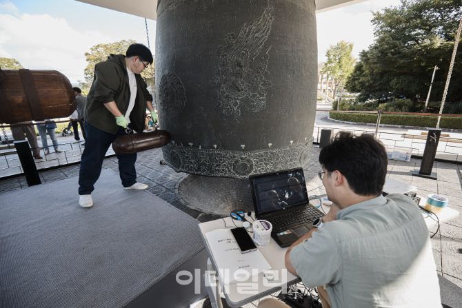 국립경주박물관의 ‘성덕대왕신종’ 타음조사 현장. (사진=국립경주박물관)