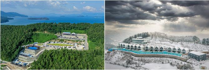 ‘여행의완성’이 운영하고 있는 여수 뮬리아인글램핑(왼쪽)과 가평 188다산트라 전경. (사진=여행의완성)