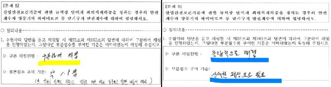 지난 8월 20~23일 시행된 ‘산업안전지도사’ 국가전문자격 3차 구술면접 시험에서 면접관으로 참석한 인사를 대상으로 한국산업인력공단이 진행한 문답서. 한 면접관은 ‘구분 채점’(왼쪽), 다른 면접관은 ‘종합 채점’(오른쪽)을 했다고 답했으며 “상세한 평정 요소가 필요하다”고도 지적했다.(자료=이용우 더불어민주당 의원실)