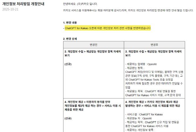 챗GPT 서비스에 따라 개인정보 처리방침도 개정됐다.(자료=카카오)