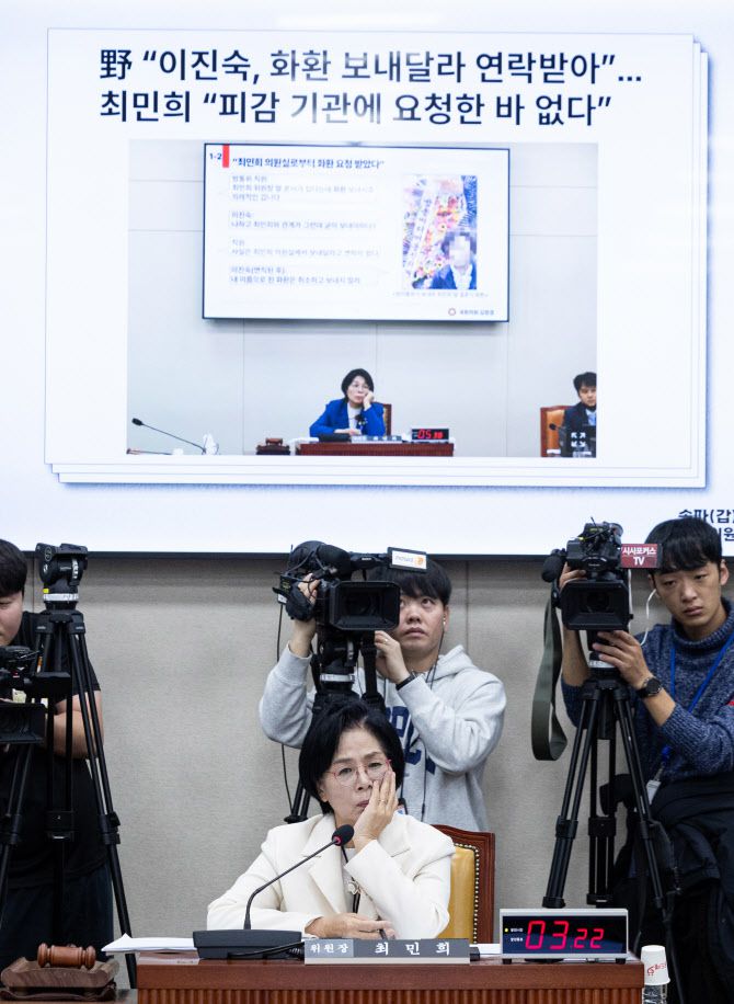 29일 서울 여의도 국회에서 열린 과학기술정보방송통신위원회 과학기술정보통신부 등에 대한 국정감사에서 최민희 위원장이 딸 결혼식 관련 질의를 듣고 있다. (사진 = 뉴시스)