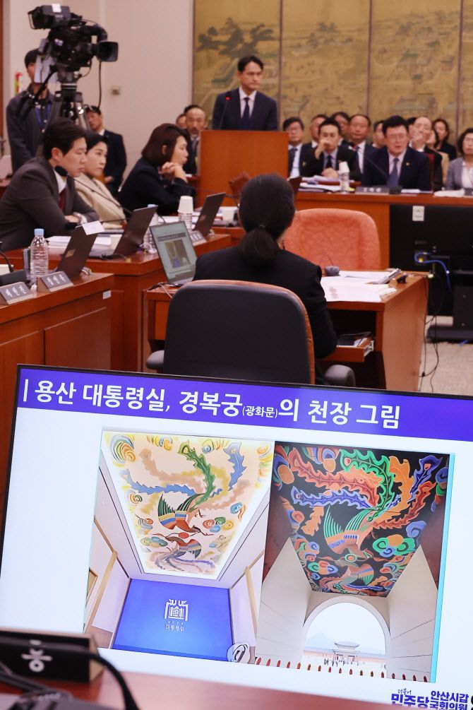 더불어민주당 양문석 의원이 29일 서울 여의도 국회에서 열린 문화체육관광위원회의 문화체육관광부 및 산하기관에 대한 종합감사에서 대통령실 천장의 그림이 경복궁 광화문 천장의 그림과 유사하다며 주술 관련 의혹을 제기하고 있다.(사진=연합뉴스).