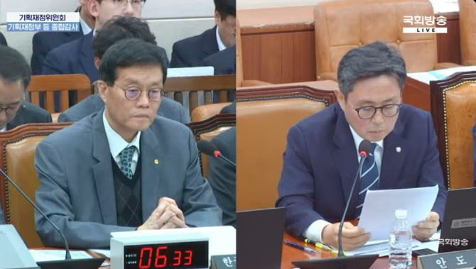 29일 오전 국회에서 열린 기획재정위원회 종합국정감사에서 이창용 한국은행 총재(왼쪽)와 안도걸 더불어민주당 의원(오른쪽)이 질의응답을 하고 있다.(사진=국회방송)