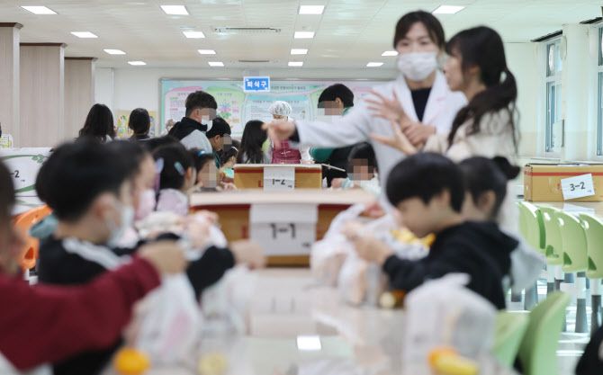 전국학교비정규직연대회의 총파업으로 급식이 중단된 20일 충북 청주시 한 초등학교가 간편식으로 점심 급식을 대체해 배식하고 있다. (사진=연합뉴스)