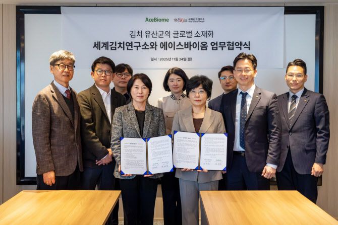 세계김치연구소와 에이스바이옴의 기술이전 및 업무협약 체결식 단체사진.(사진=세계김치연구소)