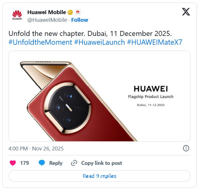 중국 화웨이가 폴더블 스마트폰 메이트 X7을 12월 12일 두바이에서 출시를 예고했다.(사진=화웨이 X 갈무리)