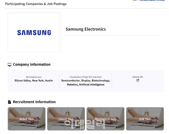 삼성전자가 ‘The Invitation: Korea Awaits Your Brilliance’ 공식 홈페이지에 인재 채용을 위한 잡포스팅을 게시했다.(사진= ‘The Invitation: Korea Awaits Your Brilliance’ 홈페이지 캡처)
