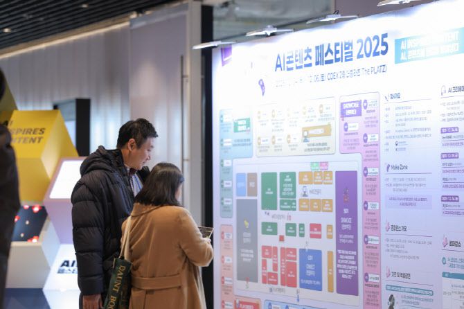 '2025 AI 콘텐츠 페스티벌' 전시장 부스를 살펴보고 있는 관객들(사진=콘진원)
