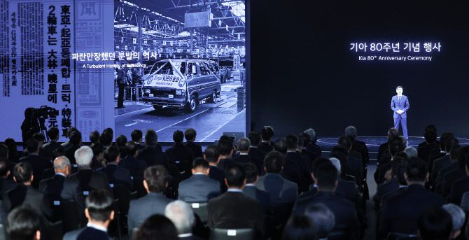 송호성 기아 사장이 5일 경기 용인 기아 비전스퀘어에서 열린 기아 80주년 기념식에서 발언하고 있다. (사진=연합뉴스)