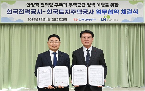 4일 서울 양재 한전아트센터에서 박동선 LH 국토도시본부장(왼쪽)과 정치교 한전 안전&영업배전 부사장(오른쪽)이 상생 협력 업무협약식후 기념촬영을 하고 있다.(출처=LH)