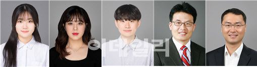 (좌측부터) 공동 제1저자인 이연주 (생명과학과), 유채림 (생명공학과), 김경민 (생명과학과) 석박사통합과정생과 공동 교신저자인 이동윤 교수 (생명공학과), 김영필 교수 (생명과학과). ※사진 제공=한양대