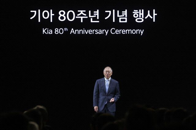 정의선 현대차그룹 회장이 5일 경기 용인시 기아 비전스퀘어에서 열린 기아 80주년 기념식에서 축사를 하고 있다. (사진=연합뉴스)