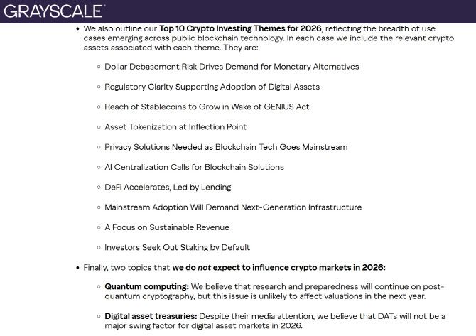 그레이스케일은 10가지 투자 테마를 제시하면서 내년에 암호화폐 시장에 영향을 미치지 않을 요인으로 양자 컴퓨팅과 디지털 자산 국고를 꼽았다. (자료=그레이스케일)