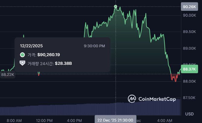 비트코인이 22일(한국시간) 밤에 장중 9만달러를 돌파했지만 전문가들은 상승세가 계속되지 않을 것으로 전망했다. (사진=코인마켓캡)
