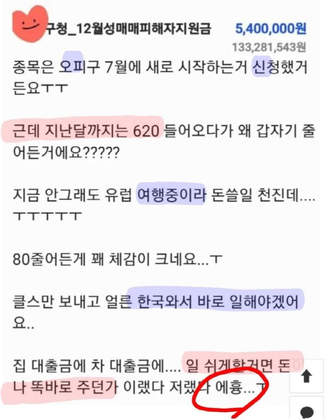 과거 성매매에 종사했던 여성이 지원금에 대해 불만을 토로해 논란이 되고 있다. (사진=사회관계망서비스)