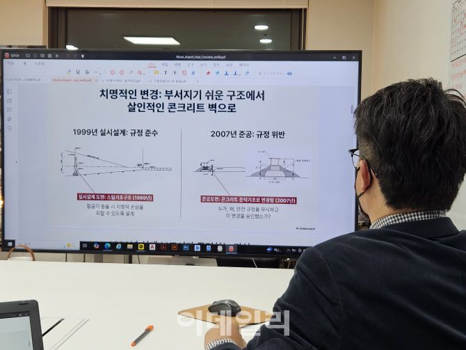 무안공항 제주항공 참사 유가족인 이준화 씨가 23일 자신이 직접 모은 로컬라이저 관련 국토부 내부 자료를 살펴보고 있다. (사진=방보경 기자)