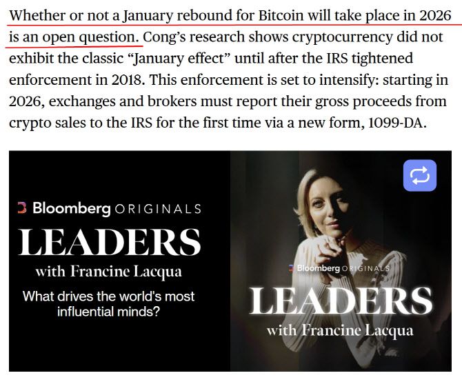 블룸버그는 26일 보도에서 “2026년 1월에 비트코인이 반등할지는 미지수(an open question)”라고 밝혔다. (사진=블룸버그)