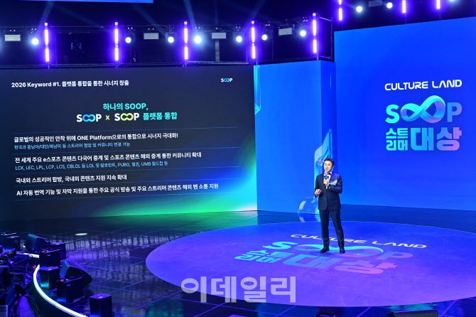 최영우 SOOP 대표가 27일 서울 마포구 SOOP 콜로세움에서 개최한 ‘2025 스트리머 대상’에서 내년 경영 계획을 발표하고 있다.(사진=SOOP)