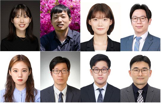 (왼쪽 위부터) 정현정 박사후연구원 (전 서울대, 현 스탠퍼드대), 이예찬 박사과정생 (포항공과대학교), 송지현 연구원 (HD한국조선해양), 한정우 교수 (서울대 재료공학부), 조규리 박사과정생, 김우열 교수(한국에너지공과대학교), 박성일 선임연구원, 박상민 소장 (HD한국조선해양).