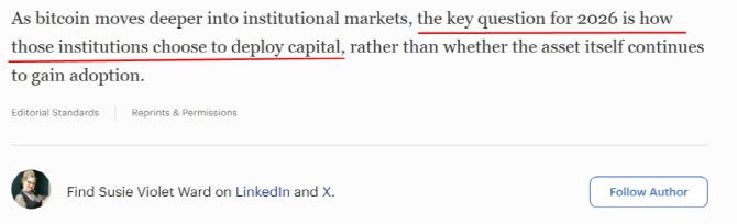 포브스는 1일 '2026년 비트코인 가격 전망은 무엇인가(What Is Bitcoins Price Prediction For 2026?)' 제목의 기고문에서 수지 바이올렛 워드의 글을 보도했다. 이 기고문은 "2026년 핵심 질문은 기관들이 자본을 어떻게 배분할 것인가라는 것"이라고 지적했다. 포브스는 수지에 대해 "비트코인에 특화된 금융 애널리스트이자 기자다. 포브스에서 활동하며 비트코인과 환경 이슈가 교차하는 영역을 중점적으로 다룬다. 수지는 Bitcoin Policy UK의 CEO이자 공동 설립자이기도 하다"고 소개했다. (사진=포브스)