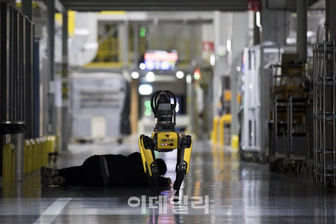 기아 오토랜드 광명 전기차 공장 ‘EVO 플랜트’에서 새벽 순찰을 돌다 ‘응급환자’를 발견한 스팟(사진=이데일리 이영훈 기자)