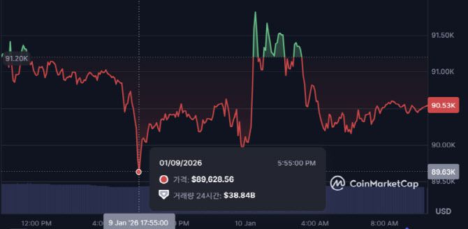 비트코인이 미 고용지표 발표 전후로 8만9000달러대까지 떨어졌다가 10일 오전 10시30분 현재 9만달러대를 기록하고 있다. 시장에서는 이번 엇갈린 고용 지표를 보고 금리 인하가 당장 쉽지 않을 것으로 보고 있어 이같은 심리가 비트코인 약세에 영향을 끼친 것으로 풀이하고 있다. (사진=코인마켓캡)