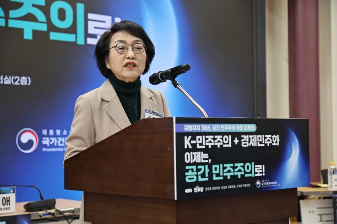 김진애 국가건축정책위원회 위원장이 14일 서울 여의도 국회의원회관에서 열린 ‘지방자치 30년, 공간 민주주의’ 주제 토론회에서 발언하고 있다.(사진=국토교통부)