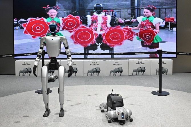 지난 9일 중국 베이징 징둥몰 솽징점 유니트리 매장에 로봇이 전시돼있다. (사진=AFP)