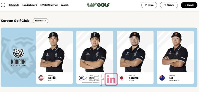 14일 LIV 골프 홈페이지에 올라온 코리안GC팀 소개에는 기존 멤버인 케빈 나와 장유빈, 고즈마 진이치로, 대니 리의 사진이 올라와 있었다. (사진=LIV골프 홈페이지)