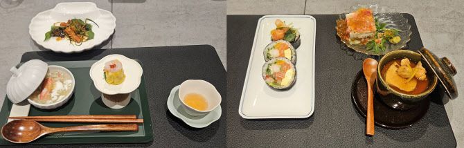 이문정 셰프의 영덕대게 스프, 마라 오징어 냉채, 단새우 청어알 쇼마이(왼쪽)과 정호영 셰프의 아귀간 자완무시(계란찜), 대게 테린, 후토마키(사진=김영환 기자)